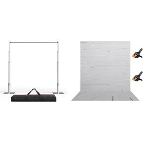 Emart Pipe و Drape Backdrop Stand مجموعة ، 10fftx10ft خلفية صور قابلة للتعديل و 10 × 5 قدم خلفية خشبية رمادية أبيض للتصوير الفوتوغرافي