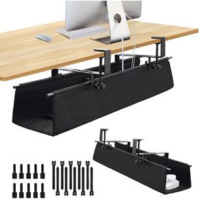 Under Desk Cable Management Tray, Clamp-On Cord Organizer，No Drilling Required, Holds Up to 22 lbs, for Cords, Routers, Power Strips (Black, 16.5inch)