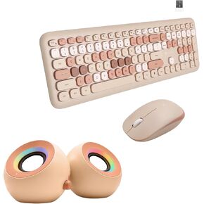 X9 Retro Brown Desk Set – Creamy Typewriter Keyboard & Mouse + RGB Bluetooth Speakers with Triple Connection Modes and Dual Drivers