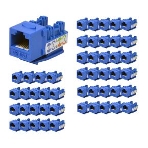 LOGICO 50 Pack Cat5e Keystone Jacks Blue with Dust Cap – 22-26 AWG PCB Female RJ45 Connectors for Network Ethernet Wall Jack Insert | Cat 5e 110 Punch Down Block Socket 8-Port, 8-Connector (8P8C)