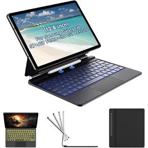 بالنسبة إلى Samsung Galaxy Tab S10+ Plus/S9+ Plus/S9 Fe+ Plus/S8+ Plus/S7+ Plus/S7 Fe 12.4 "حالة لوحة مفاتيح ، ناتئ عائم مغناطيسي ، لوحة لمس متعددة الوظائف ، حامل القلم ، 7 خلفية ، أسود ، أسود