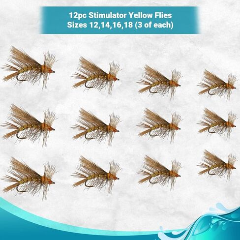 Feeder Creek Fly Fishing Trout Flies - Stimulator Yellow Dry Fly - Hand Tied Attractor/Prospecting for Trout and Freshwater Fish - 4 Size Assortment 12,14,16,18 - One Dozen (3 of Each Size) Sold in Saudi Arabia