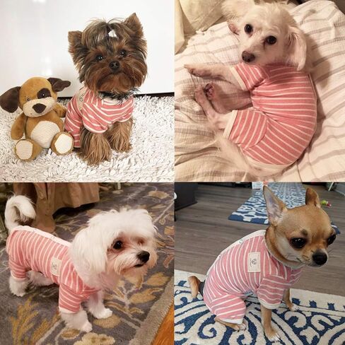 TONY HOBY Female/Male Pet Dog Pajamas Stripes 4 Legged Dog pjs Jumpsuit Soft Cotton Dog Clothes (L, Pink+White-Girls) in Kuwait