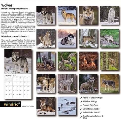 2024 2025 Wall Calendar, 18 Months July 2024 - December 2025, Wall Calendar Wolves, 12" x 24" Opened,Full Page Months Thick & Sturdy Paper for Gift Kids Teen Calendar Organizing & Planning in Kuwait