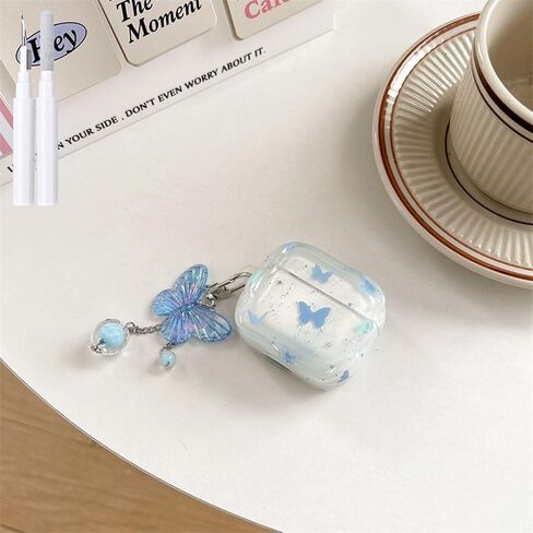 Compatible with AirPods Pro Case Protective Cute Soft TPU Star Cover with Cleaner Kit Butterfly Keychain for Girls Women for Airpods Pro 2nd/1st Generation-Blue in Saudi Arabia