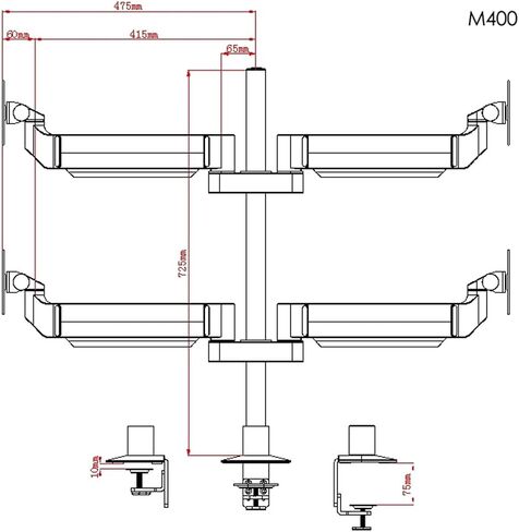 M400 سطح المكتب حامل الربعة دعم حامل الألومنيوم كامل الحركة 4 شاشة شاشة تحميل ذراع 16 كجم مع عمود حامل 70 سم (تحميل 8-16 كجم) in Saudi Arabia