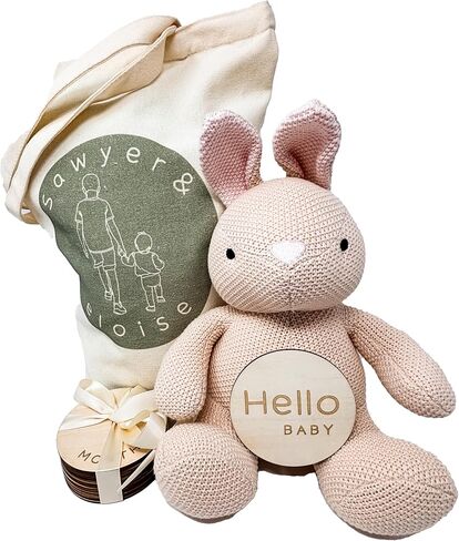 Monthly Baby Milestone Knit Cotton Stuffie with Wooden Discs, Newborn Photography Prop, Announcement Sign by Sawyer & Eloise (Bunny) in Saudi Arabia