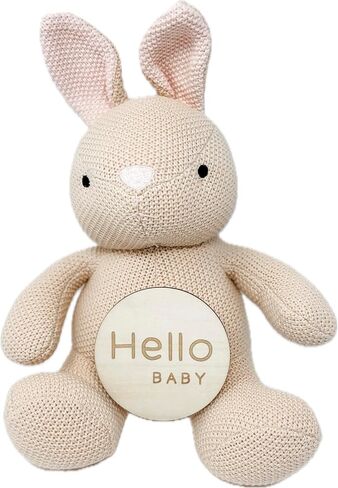 Monthly Baby Milestone Knit Cotton Stuffie with Wooden Discs, Newborn Photography Prop, Announcement Sign by Sawyer & Eloise (Bunny) in Saudi Arabia