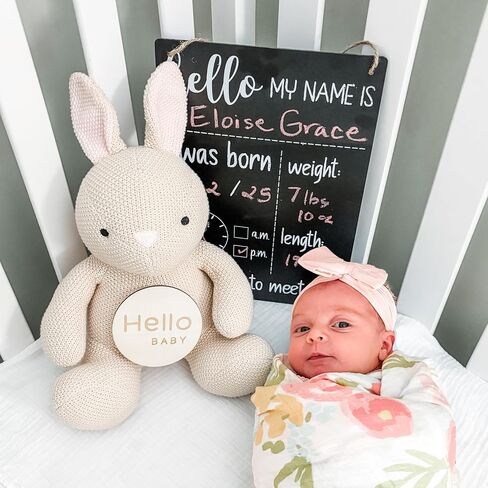 Monthly Baby Milestone Knit Cotton Stuffie with Wooden Discs, Newborn Photography Prop, Announcement Sign by Sawyer & Eloise (Bunny) in Saudi Arabia
