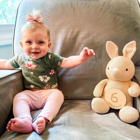 Monthly Baby Milestone Knit Cotton Stuffie with Wooden Discs, Newborn Photography Prop, Announcement Sign by Sawyer & Eloise (Bunny) in Saudi Arabia