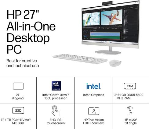 HP 27 "Premium All-in-One Touch Screend-LifeTime | Intel Ultra 7-155U | ارتفاع قابل للتعديل | Win 11 Pro | لوحة المفاتيح والماوس والقرص المضغوط in Kuwait