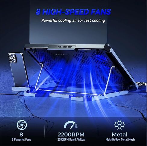 Laptop Cooling pad for Hp Chromebook x360 14b-cb0013dx Gaming laptops, Laptop Cooler with 8 Fan, Adjustable Speed, 5-Level Height Adjustment, Mute Silent,2 USB-A Port，Built-in Phone Stand in Saudi Arabia