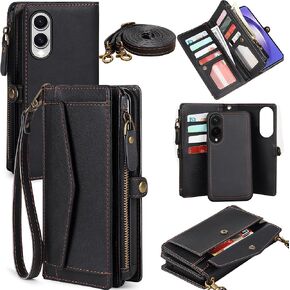 for Samsung Galaxy S25 Edge Wallet Case for Women, Support Wireless Charging with RFID Blocking Card Holder, PU Leather Wallet Detachable Magnetic Phone Case Crossbody Strap, Black
