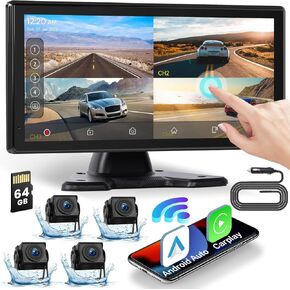 نظام الكاميرا الاحتياطية 4K RV Wireless Carplay Android Auto ، 10.36 "شاشة شاشة لمسة من الرباعي مع 4 AHD View Camera ، IP68 ، Light Vision ، DVR Loop