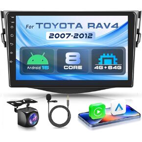 4G+64G with Qualcomm 8 Core Android 15 Car Stereo for Toyota RAV4 2007-2012 Wireless Carpaly Android Auto 9’’ Touch Screen GPS, WiFi, Bluetooth 5.1, DSP,SWC, Backup Camera