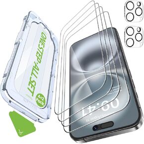 iGluz 4 Pack iPhone 16 Screen Protector with 2-Pack Camera Lens Protector[99.99% HD Clear][9H Tempered Glass][Bubble Free][Easy Installation][Smooth Touch][Anti-fingerprint],4+2 Dual Protection