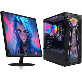STGAubron Gaming PC Bundle with 24 inch FHD LED Monitor- Intel 10th Gen G5905 3.5G, Radeon RX 550, 16G DDR4, 512G SSD, RGB Fan x 4, Windows 11 Home
