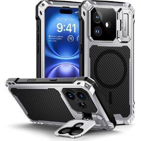 Lanhiem for iPhone 16 Pro Max Metal Case with Camera Cover & Stand [Compatible with MagSafe] [Built-in Kickstand] [Military-Grade Protection] Heavy Duty Rugged Magnetic Phone Case, Black