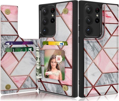 Case for Samsung Galaxy S23 Ultra, for Galaxy S23 Ultra Wallet Case with Card Holder, PU Leather ID Credit Card Slots Snap Buttons Clousure TPU Frame Bumper Back Flip Phone Cover -Marble Pink in Saudi Arabia