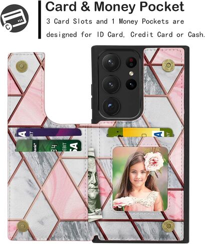 Case for Samsung Galaxy S23 Ultra, for Galaxy S23 Ultra Wallet Case with Card Holder, PU Leather ID Credit Card Slots Snap Buttons Clousure TPU Frame Bumper Back Flip Phone Cover -Marble Pink in Saudi Arabia