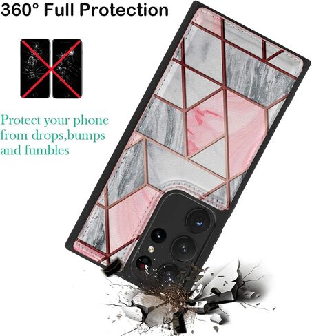 Case for Samsung Galaxy S23 Ultra, for Galaxy S23 Ultra Wallet Case with Card Holder, PU Leather ID Credit Card Slots Snap Buttons Clousure TPU Frame Bumper Back Flip Phone Cover -Marble Pink in Saudi Arabia