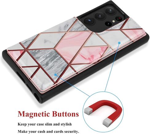 Case for Samsung Galaxy S23 Ultra, for Galaxy S23 Ultra Wallet Case with Card Holder, PU Leather ID Credit Card Slots Snap Buttons Clousure TPU Frame Bumper Back Flip Phone Cover -Marble Pink in Saudi Arabia