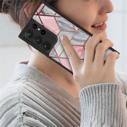 Case for Samsung Galaxy S23 Ultra, for Galaxy S23 Ultra Wallet Case with Card Holder, PU Leather ID Credit Card Slots Snap Buttons Clousure TPU Frame Bumper Back Flip Phone Cover -Marble Pink in Saudi Arabia