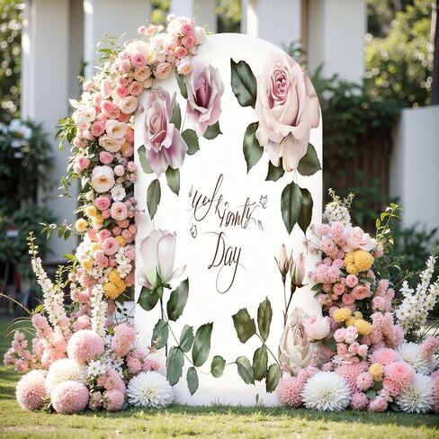6FT Arch Backdrop Cover Flowers Leaves Watercolor Used as Greeting for Wedding Birthday Other Wedding Arch Cover Spandex Fitted Stretchy Backdrop Stand Covers for Wedding Birthday Party Decoration in Saudi Arabia