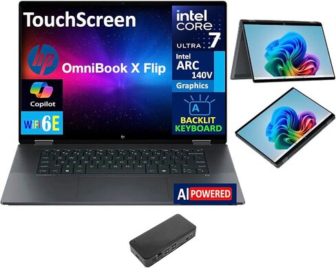 HP OmniBook X Flip 2-in-1 AI Powered 2-in-1 Laptop 16.0" Touchscreen IPS WUXGA Display (Intel Ultra 7-256V, 16GB LPDDR5X, 8TB PCIe SSD, Backlit KB, Thunderbolt 4, WiFi 6E, Win 11 Pro) w/USB-C Dock in Saudi Arabia