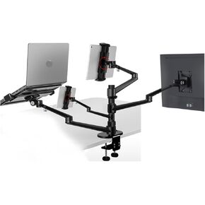 OL-4L Aluminum Height Adjustable Desktop Dual Arm 17-32 Inch Monitor Holder+12-17 Inch Laptop Holder Stand Full Motion Mount Arm(Black)