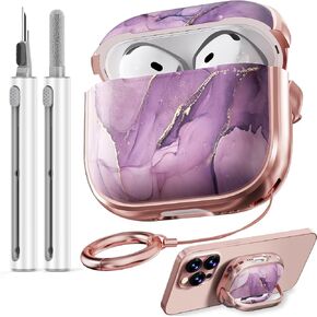 with Safety Lock for AirPods 4 Case 2024,Cute Floral for AirPods 4th Generation Case,Air Pod 4 Cases for Women Girly, Purple Gold Marble