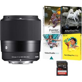 Sigma 30mm f/1.4 Contemporary DC DN Prime Lens (Canon EF-M Mount) Bundle with Software and 64GB Memory Card (3 Items)