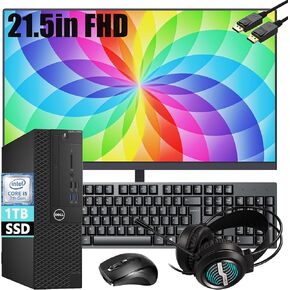 Dell Optiplex Desktop PC Windows 10 Computer 3050 SFF, 21.5" FHD Monitor, Core i5-7500 3.4GHz, 1TB SSD, 16GB RAM, RGB Headset, Wireless Keyboard ＆ Mouse, W10 Pro(Renewed)
