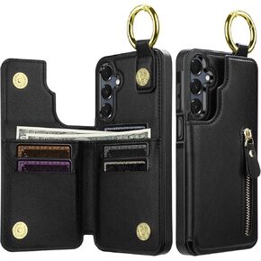 SAMONPOW for Samsung Galaxy A16 5G Case Wallet with Card Holder, Folio Flip Premium PU Leather Kickstand Card Slots Case, Double Magnetic Clasp Durable Shockproof Phone Case for Galaxy A16 5G, Black