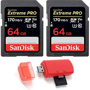 Sandisk 64GB Securedigital Extreme Pro SDXC UHS -I CARD C10 ، U3 ، V30 170MB/S - حزمة 2 - مع قارئ بطاقة الذاكرة