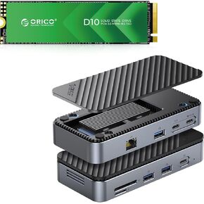 ORICO D10 2TB M.2 NVMe SSD and M2P7 9-in-1 USB-C Hub Docking Station with 10Gbps SSD Enclosure, 100W PD, Built-in Fan, Ethernet
