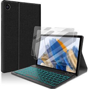 Juqitech Samsung Galaxy Tab A8 حالة لوحة مفاتيح الإضاءة الخلفية وحامي شاشة 2 حزمة ، حالة ناعمة ذكية مع لوحة مفاتيح Bluetooth لعلامة Galaxy Tab A8 10.5 "2022 لوحة مفاتيح لاسلكية قابلة للفصل
