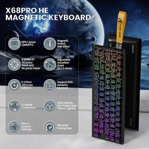 Attack Shark X68PRO HE Rapid Trigger Gaming Keyboard - 8KHz Polling Rate, Actuation Point Adjustable, Magnetic Switches, PBT Keycaps, RGB Backlight, Coiled Cable for PC/Mac - Black Contour in Saudi Arabia