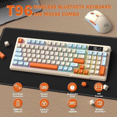 Ziyou Lang T96 لوحة مفاتيح ألعاب لاسلكية وسرد الماوس ، Bluetooth المزدوج/2.4G RGB لوحة مفاتيح الميكانيكية RGB مع عرض ذكي ومقبض ، 4000 DPI MOUSE MOUSE لجهاز الكمبيوتر المحمول MAC in Kuwait