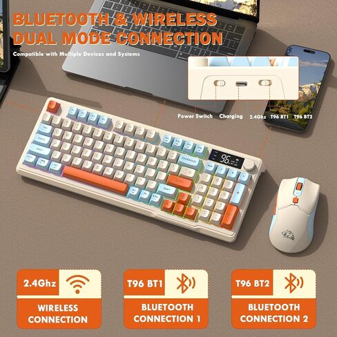 Ziyou Lang T96 لوحة مفاتيح ألعاب لاسلكية وسرد الماوس ، Bluetooth المزدوج/2.4G RGB لوحة مفاتيح الميكانيكية RGB مع عرض ذكي ومقبض ، 4000 DPI MOUSE MOUSE لجهاز الكمبيوتر المحمول MAC in Kuwait