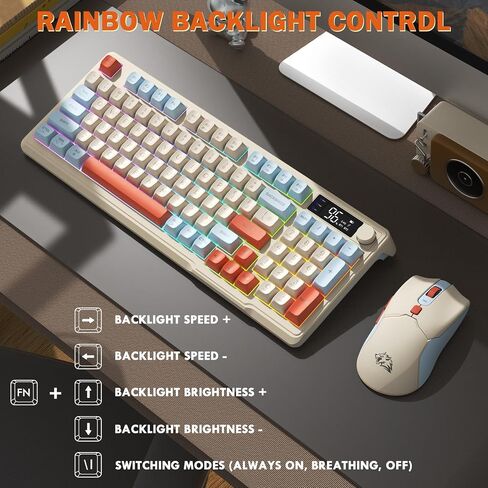 Ziyou Lang T96 لوحة مفاتيح ألعاب لاسلكية وسرد الماوس ، Bluetooth المزدوج/2.4G RGB لوحة مفاتيح الميكانيكية RGB مع عرض ذكي ومقبض ، 4000 DPI MOUSE MOUSE لجهاز الكمبيوتر المحمول MAC in Kuwait