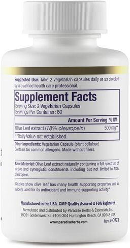 Paradise Herbs Olive Leaf Extract, Vegan, Non GMO, Gluten Free, 120 Capsules in Kuwait