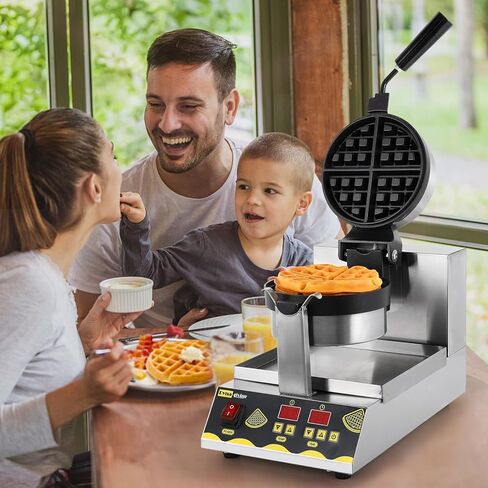 صانعة الوافل التجارية من Dyna-Living بقدرة 110 فولت 1200 واط، صانعة الوافل البلجيكية الذكية تدور 180 درجة، صانعة الوافل المستديرة غير اللاصقة، ماكينة الوافل الحديدية الاحترافية للمطعم in Kuwait