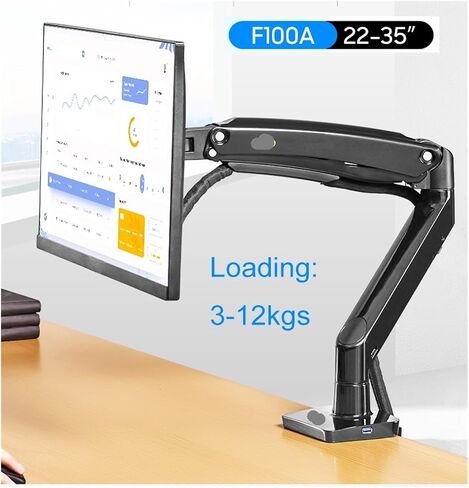 F100A Gas Spring Arm 22-35 Inch Screen Desktop Monitor Holder 360 Rotate 3-12kgs Monitor Mount Arm with USB 3.0 Port(Black) in Saudi Arabia