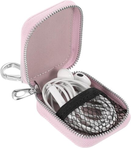 HARFINGTON Earbuds Cases, Earphone Case Holder, PU Leather Ear Buds Case Zipper Organizer Small with Mesh Pocket for USB Cable, Wireless Wired Earphones, Pink in Saudi Arabia