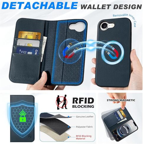 SHIELDON Case for iPhone 16e 6.1", Genuine Leather Removable Folio Wallet Magnetic Wireless Charging RFID Blocking Card Holder Kickstand Shockproof Compatible with iPhone 16e 2025 - Retro Coffee in Kuwait