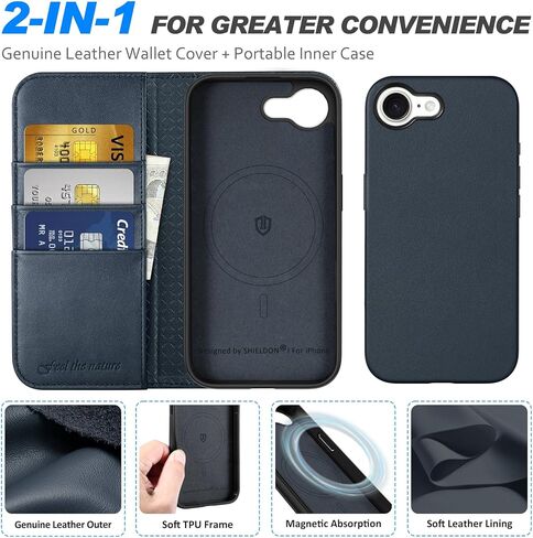 SHIELDON Case for iPhone 16e 6.1", Genuine Leather Removable Folio Wallet Magnetic Wireless Charging RFID Blocking Card Holder Kickstand Shockproof Compatible with iPhone 16e 2025 - Retro Coffee in Kuwait