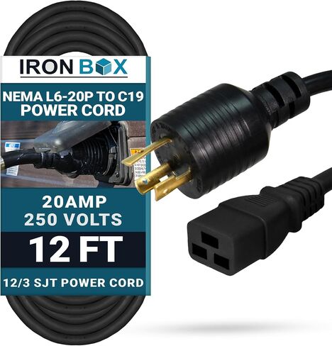 IronBox Electric NEMA L6-20P to C19 Power Cord - 20A, 250V, 12/3 SJT - UL Listed Power Cable Adapter - Heavy Duty Plug and Cord for Data Centers, PDU, High Powered Devices & More (12 ft, Molded) in Kuwait