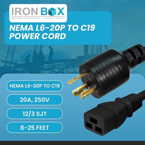 IronBox Electric NEMA L6-20P to C19 Power Cord - 20A, 250V, 12/3 SJT - UL Listed Power Cable Adapter - Heavy Duty Plug and Cord for Data Centers, PDU, High Powered Devices & More (12 ft, Molded) in Kuwait