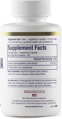Paradise Herbs Organic Ashwagandha, Ayurvedic Adaptogen, Vegan, Non GMO, Gluten Free, 60 Vegetarian Capsules in Saudi Arabia